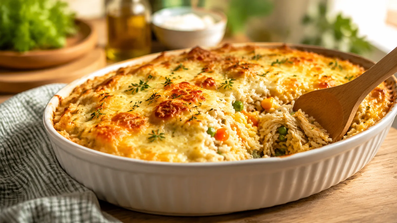 Arroz de forno cremoso com frango, legumes e queijo gratinado