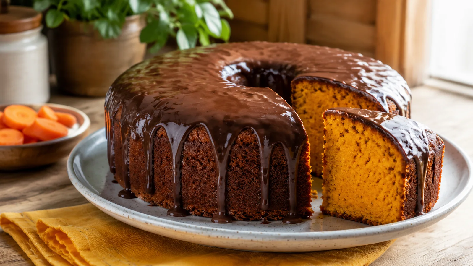 Bolo de cenoura com cobertura brilhante de chocolate e uma fatia cortada