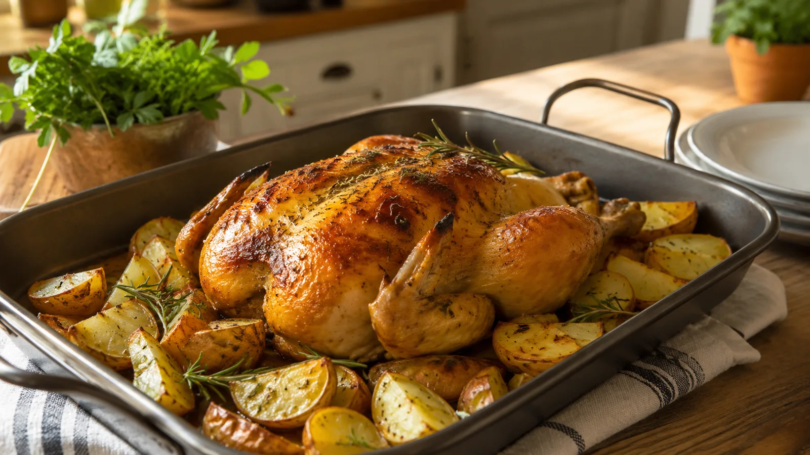 Frango assado dourado com batatas rústicas e alecrim