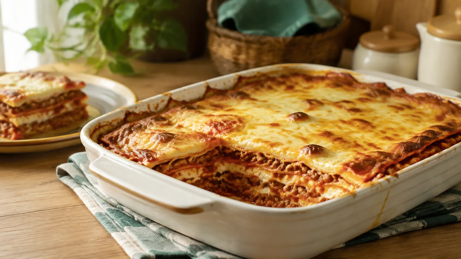 Lasanha à bolonhesa caseira gratinada em travessa de cerâmica